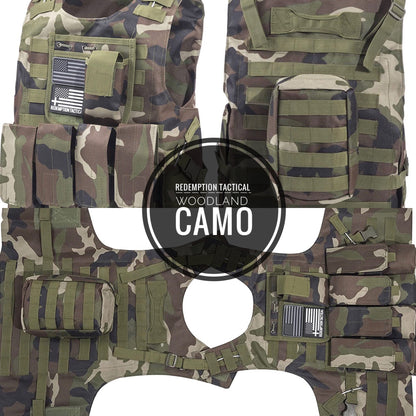 Kids Airsoft Tactical Plate Carrier Vest with Free US Flag Patch, Mil Spec 1000D Nylon PALS Molle Modular w/ 4 Mag Pouches, Side Pouch, Chest Mag Pouch