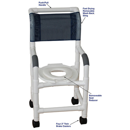 MJM International 115-3-RH Shower chair 15" internal width, for small adult or pediatric needs, 3" twin casters, open front seat and reducer hard seat, 250 lbs weight capacity