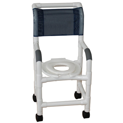 MJM International 115-3-RH Shower chair 15" internal width, for small adult or pediatric needs, 3" twin casters, open front seat and reducer hard seat, 250 lbs weight capacity