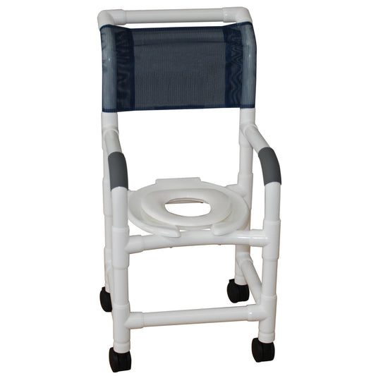 MJM International 115-3-RH Shower chair 15" internal width, for small adult or pediatric needs, 3" twin casters, open front seat and reducer hard seat, 250 lbs weight capacity