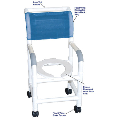 MJM International 115-3 Shower chair 15" internal width, for small adult or pediatric needs, 3" twin casters, open front seat, 250 lbs weight capacity