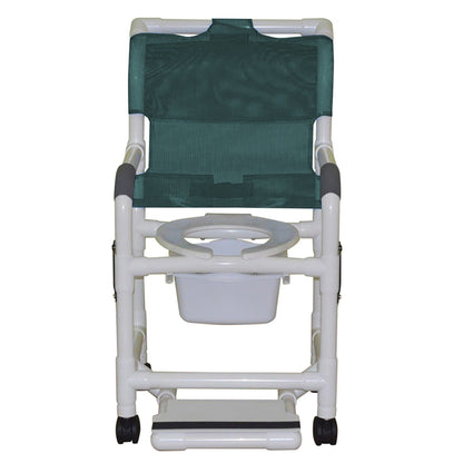 MJM International 118-3TW-DDA-SF-SQ-PAIL Shower chair 18" internal width, open front seat, 3" twin casters, with double drop arms, slide out footrest and 10 qt slide out square commode pail, 300 lbs weight capacity