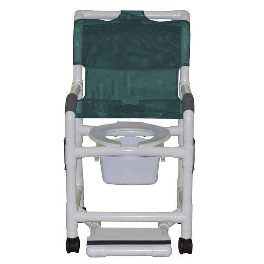 MJM International 118-3TW-DDA-SF-SQ-PAIL Shower chair 18" internal width, open front seat, 3" twin casters, with double drop arms, slide out footrest and 10 qt slide out square commode pail, 300 lbs weight capacity