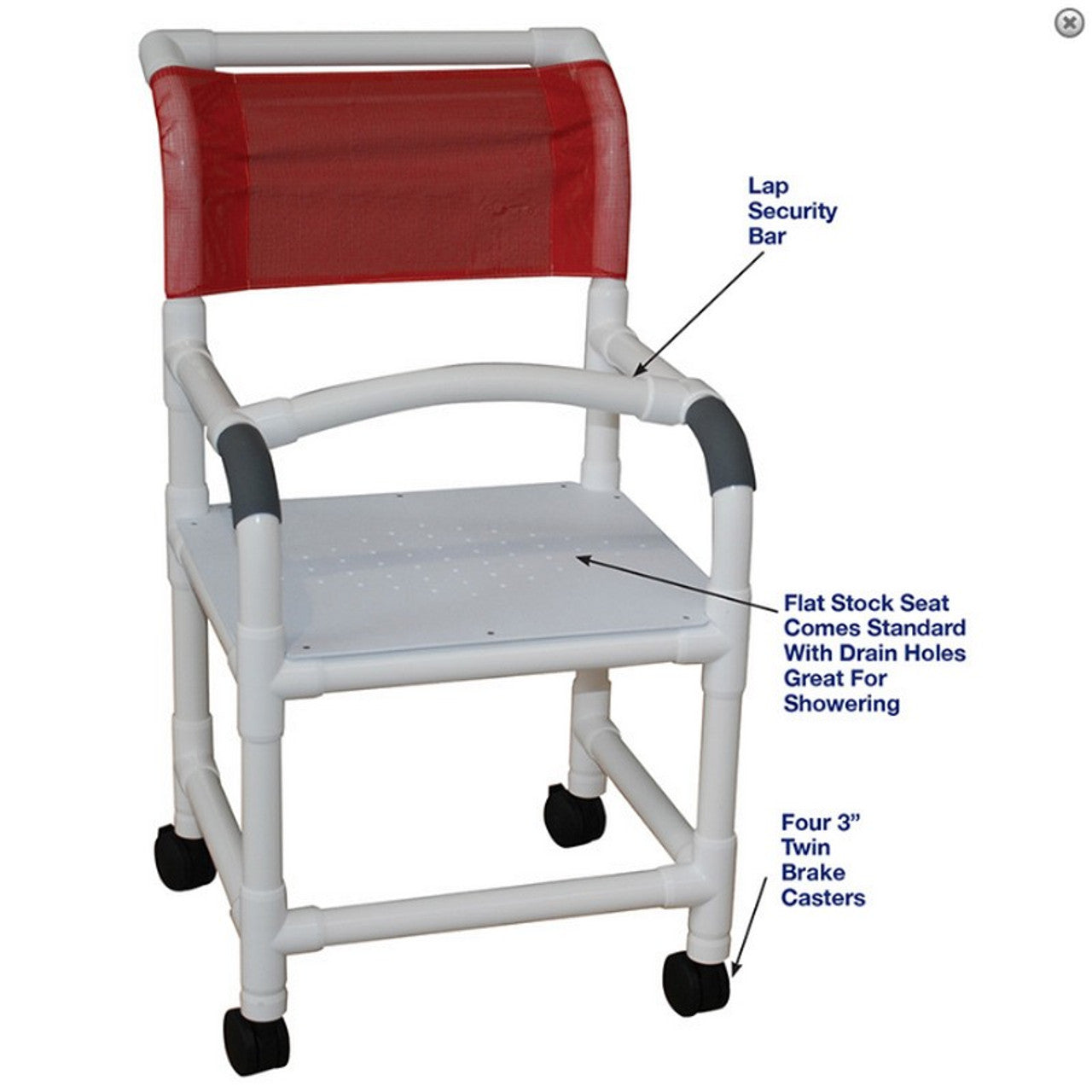 MJM International 118-3TW-F-LSB-18 Shower chair 18" internal width, 3" twin casters, flatstock seat w/ drain holes  & lap security bar 300 lbs weight capacity