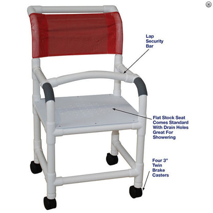 MJM International 118-3TW-F-LSB-18 Shower chair 18" internal width, 3" twin casters, flatstock seat w/ drain holes  & lap security bar 300 lbs weight capacity