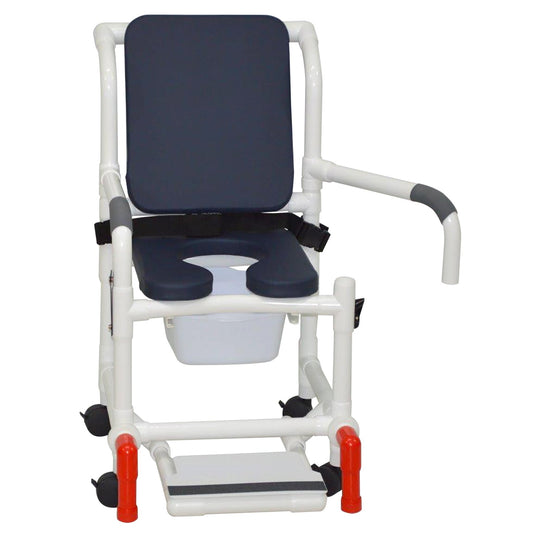 MJM International 118-3TW-SSDE-CBP-AB-DDA-SF-10-QT-C-BB-AT Shower Chair With Soft Seat Deluxe Elongated, Cushion Back, Dual Swing Away Armrests, Sliding Footrest, Square Pail, Safety Belt And Anti-Tippers