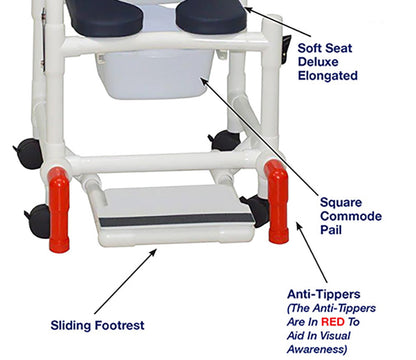 MJM International 118-3TW-SSDE-CBP-AB-DDA-SF-10-QT-C-BB-AT Shower Chair With Soft Seat Deluxe Elongated, Cushion Back, Dual Swing Away Armrests, Sliding Footrest, Square Pail, Safety Belt And Anti-Tippers