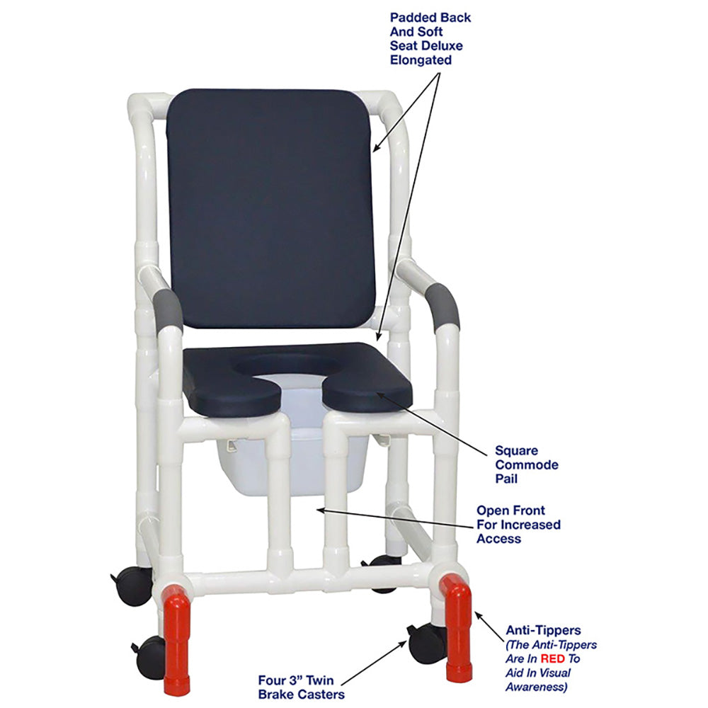 MJM International 118-3-SSDE-CBP-AB-OF-SQ-PAIL-AT Shower chair with Soft Seat Deluxe Elongated, Cushion Back, Open Front, Square Pail And Anti-Tippers