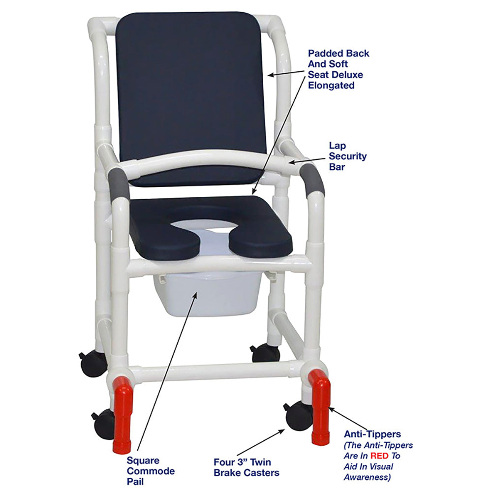 MJM International 118-3-SSDE-CBP-AB-SQ-PAIL-LSB-AT Shower Chair With Soft Seat Deluxe Elongated, Cushion Back, Square Pail, Lap Safety Bar and Anti-Tipper