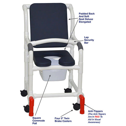 MJM International 118-3-SSDE-CBP-AB-SQ-PAIL-LSB-AT Shower Chair With Soft Seat Deluxe Elongated, Cushion Back, Square Pail, Lap Safety Bar and Anti-Tipper