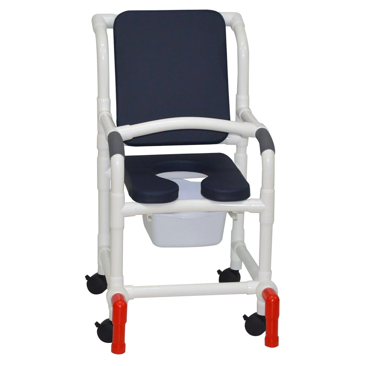 MJM International 118-3-SSDE-CBP-AB-SQ-PAIL-LSB-AT Shower Chair With Soft Seat Deluxe Elongated, Cushion Back, Square Pail, Lap Safety Bar and Anti-Tipper