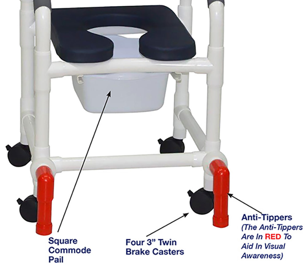 MJM International 118-3-SSDE-CBP-AB-SQ-PAIL-LSB-AT Shower Chair With Soft Seat Deluxe Elongated, Cushion Back, Square Pail, Lap Safety Bar and Anti-Tipper