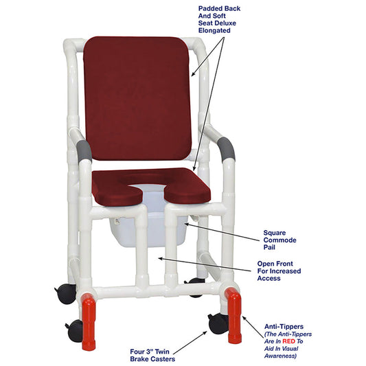 MJM International 118-3TW-SSDE-CBP-BG-OF-SQ-PAIL-AT Shower Chair With Soft Seat Deluxe Elongated, Cushion Back, Open Front, Square Pail And Anti-Tippers