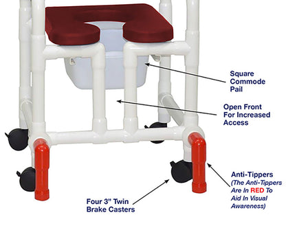 MJM International 118-3TW-SSDE-CBP-BG-OF-SQ-PAIL-AT Shower Chair With Soft Seat Deluxe Elongated, Cushion Back, Open Front, Square Pail And Anti-Tippers