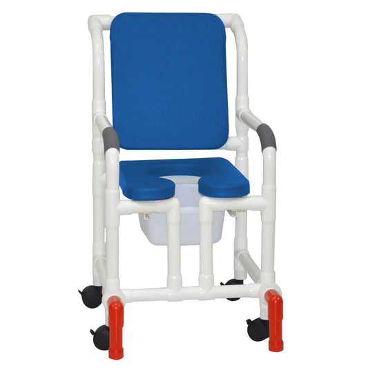 MJM International 118-3TW-SSDE-CBP-BL-OF-SQ-PAIL-AT Shower Chair With Soft Seat Deluxe Elongated, Cushion Back, Open Front, Square Pail And Anti-Tippers