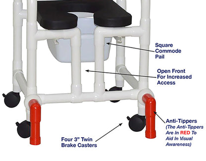 MJM International 118-3TW-SSDE-CBP-BLK-OF-SQ-PAIL-AT Shower Chair With Soft Seat Deluxe Elongated, Cushion Back, Open Front, Square Pail And Anti-Tippers
