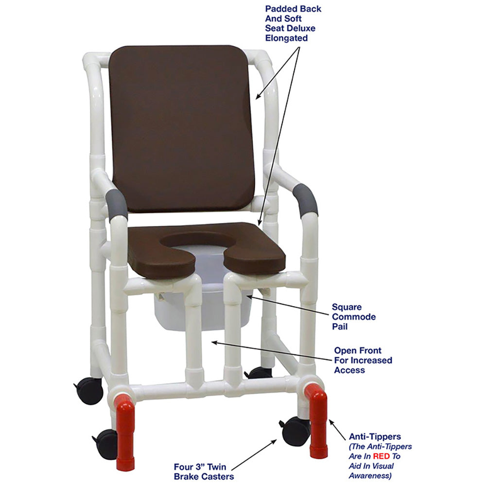 MJM International 118-3TW-SSDE-CBP-BRN-OF-SQ-PAIL-AT Shower Chair With Soft Seat Deluxe Elongated, Cushion Back, Open Front, Square Pail And Anti-Tippers
