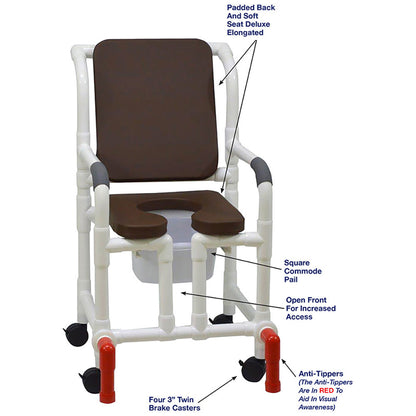MJM International 118-3TW-SSDE-CBP-BRN-OF-SQ-PAIL-AT Shower Chair With Soft Seat Deluxe Elongated, Cushion Back, Open Front, Square Pail And Anti-Tippers