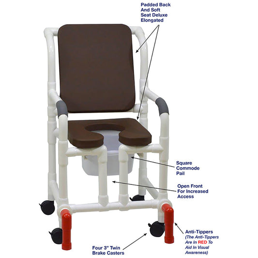MJM International 118-3TW-SSDE-CBP-BRN-OF-SQ-PAIL-AT Shower Chair With Soft Seat Deluxe Elongated, Cushion Back, Open Front, Square Pail And Anti-Tippers