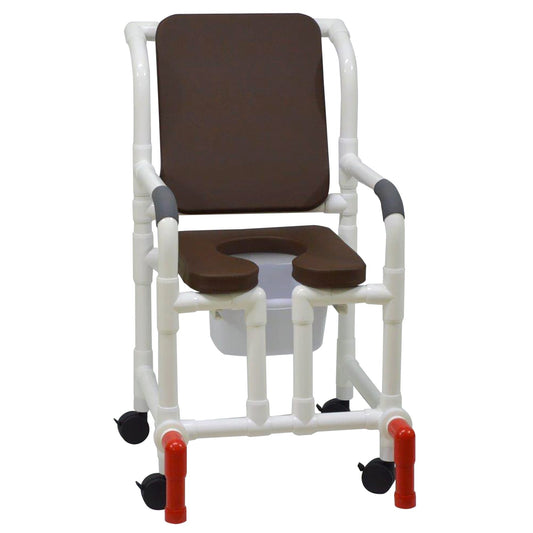 MJM International 118-3TW-SSDE-CBP-BRN-OF-SQ-PAIL-AT Shower Chair With Soft Seat Deluxe Elongated, Cushion Back, Open Front, Square Pail And Anti-Tippers