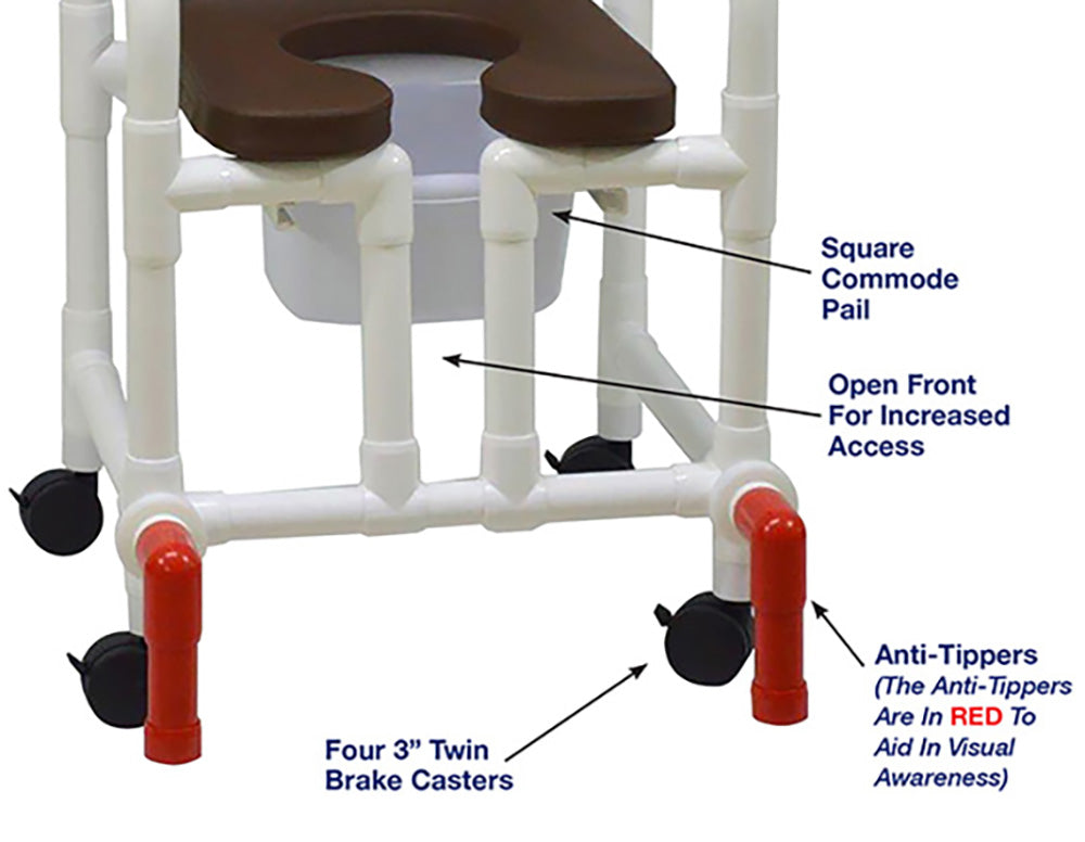 MJM International 118-3TW-SSDE-CBP-BRN-OF-SQ-PAIL-AT Shower Chair With Soft Seat Deluxe Elongated, Cushion Back, Open Front, Square Pail And Anti-Tippers