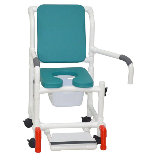 MJM International 118-3TW-SSDE-CBP-OB-DDA-SF-10-QT-C-AT Shower Chair With Soft Seat Deluxe Elongated, Cushion Back, Dual Swing Away Armrests, Sliding Footrest, Square Pail And Anti-Tippers