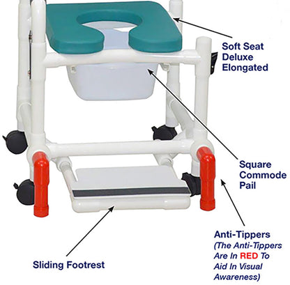 MJM International 118-3TW-SSDE-CBP-OB-DDA-SF-10-QT-C-AT Shower Chair With Soft Seat Deluxe Elongated, Cushion Back, Dual Swing Away Armrests, Sliding Footrest, Square Pail And Anti-Tippers