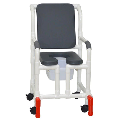 MJM International 118-3TW-SSDE-CBP-PI-OF-SQ-PAIL-AT Shower Chair With Soft Seat Deluxe Elongated, Cushion Back, Open Front, Square Pail And Anti-Tippers