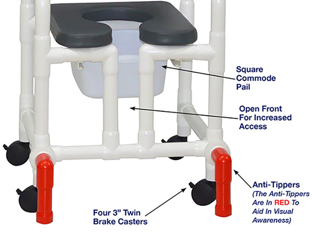 MJM International 118-3TW-SSDE-CBP-PI-OF-SQ-PAIL-AT Shower Chair With Soft Seat Deluxe Elongated, Cushion Back, Open Front, Square Pail And Anti-Tippers