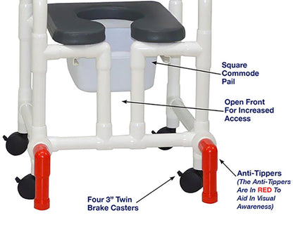 MJM International 118-3TW-SSDE-CBP-PI-OF-SQ-PAIL-AT Shower Chair With Soft Seat Deluxe Elongated, Cushion Back, Open Front, Square Pail And Anti-Tippers
