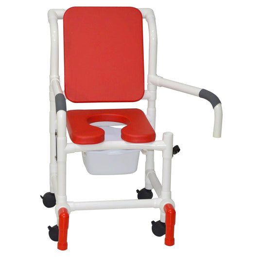 MJM International 118-3TW-SSDE-CBP-RD-DDA-SQ-PAIL-AT Shower Chair With Soft Seat Deluxe Elongated, Cushion Back, Dual Swing Away Armrests, Sliding Footrest, Square Pail, And Anti-Tippers