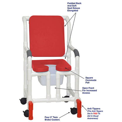 MJM International 118-3TW-SSDE-CBP-RD-OF-SQ-PAIL-AT Shower Chair With Soft Seat Deluxe Elongated, Cushion Back, Open Front, Square Pail And Anti-Tippers