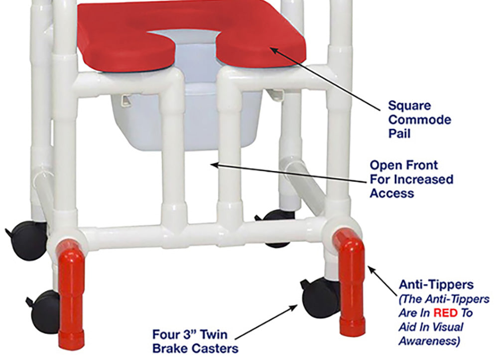 MJM International 118-3TW-SSDE-CBP-RD-OF-SQ-PAIL-AT Shower Chair With Soft Seat Deluxe Elongated, Cushion Back, Open Front, Square Pail And Anti-Tippers