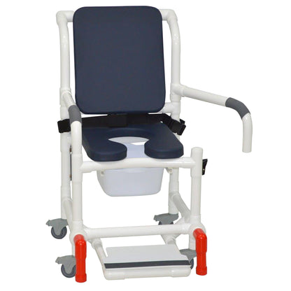 MJM International 118-3TL-SSDE-CBP-AB-DDA-SF-10-QT-C-BB-AT Shower Chair With Total Lock Casters, Soft Seat Deluxe Elongated, Cushion Back, Dual Swing Away Armrests, Sliding Footrest, Square Pail, Safety Belt and Anti-Tippers