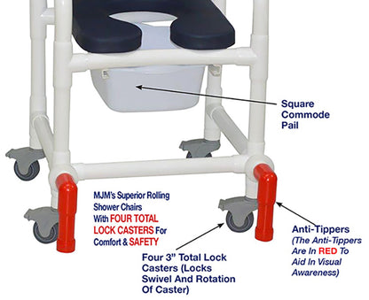 MJM International 118-3TL-SSDE-CBP-AB-10-QT-C-LSB-AT Shower Chair With Total Lock Casters, Soft Seat Deluxe Elongated, Cushion Back, Square Pail, Lap Security Bar and Anti-Tippers