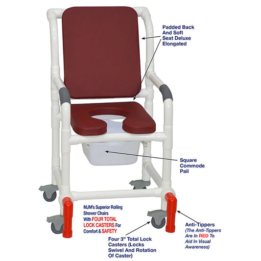MJM International 118-3TL-SSDE-CBP-BG-10-QT-C-AT Shower Chair With Total Lock Casters, Soft Seat Deluxe Elongated, Cushion Back, Square Pail, and Anti-Tippers
