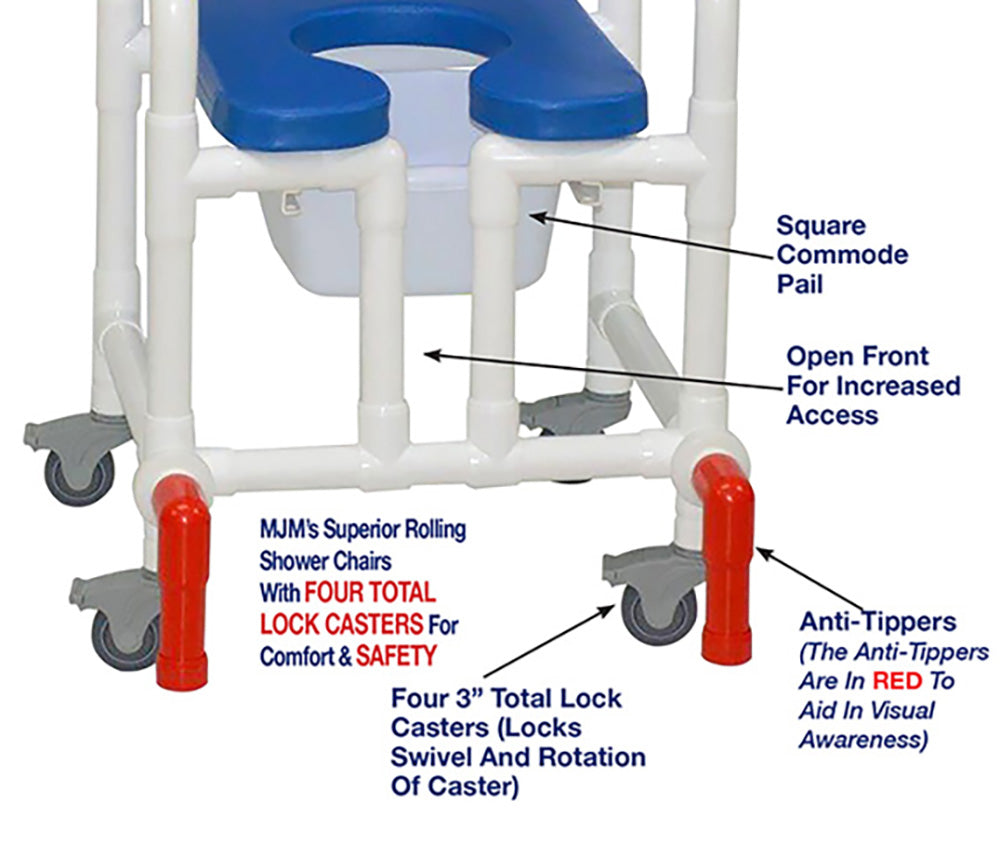 MJM International 118-3TL-SSDE-CBP-BL-OF-10-QT-C-AT Shower Chair With Total Lock Casters, Soft Seat Deluxe Elongated, Cushion Back, Open Front, Square Pail and Anti-Tippers