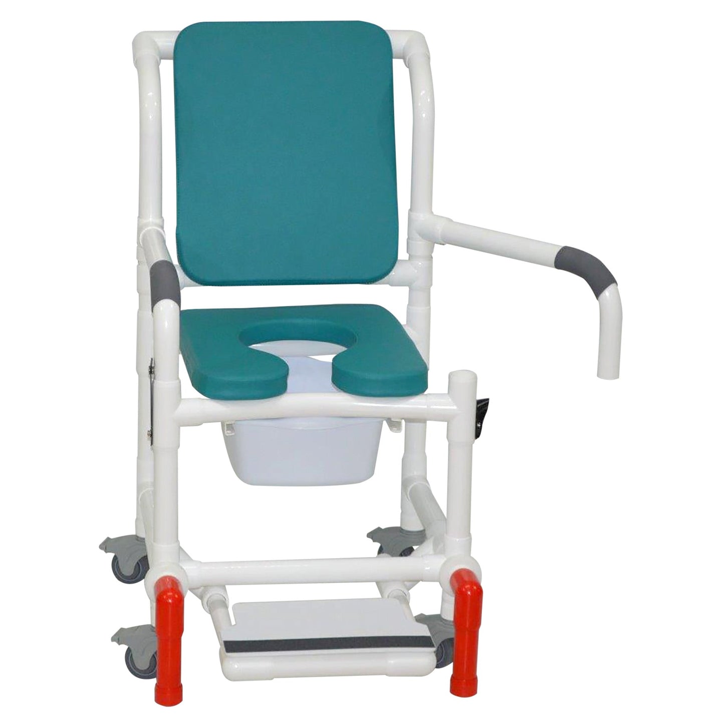 MJM International 118-3TL-SSDE-CBP-OB-DDA-SF-10-QT-C-AT Shower Chair With Total Lock Casters, Soft Seat Deluxe Elongated, Cushion Back, Dual Swing Away Armrests, Sliding Footrest, Square Pail and Anti-Tippers