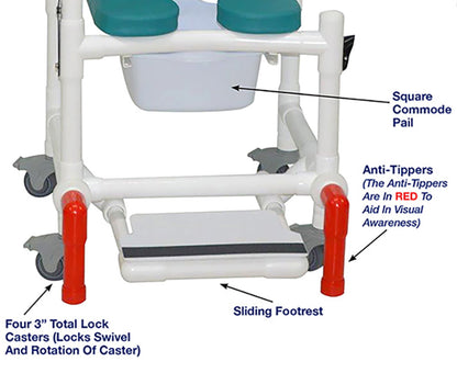 MJM International 118-3TL-SSDE-CBP-OB-DDA-SF-10-QT-C-AT Shower Chair With Total Lock Casters, Soft Seat Deluxe Elongated, Cushion Back, Dual Swing Away Armrests, Sliding Footrest, Square Pail and Anti-Tippers