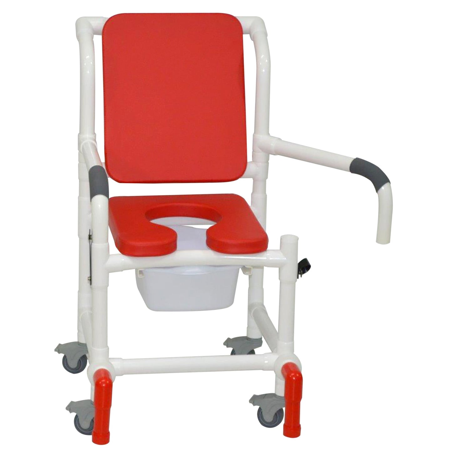 MJM International 118-3TL-SSDE-CBP-RD-DDA-10-QT-C-AT Shower Chair With Total Lock Casters, Soft Seat Deluxe Elongated, Cushion Back, Dual Swing Away Armrests, Square Pail and Anti-Tippers