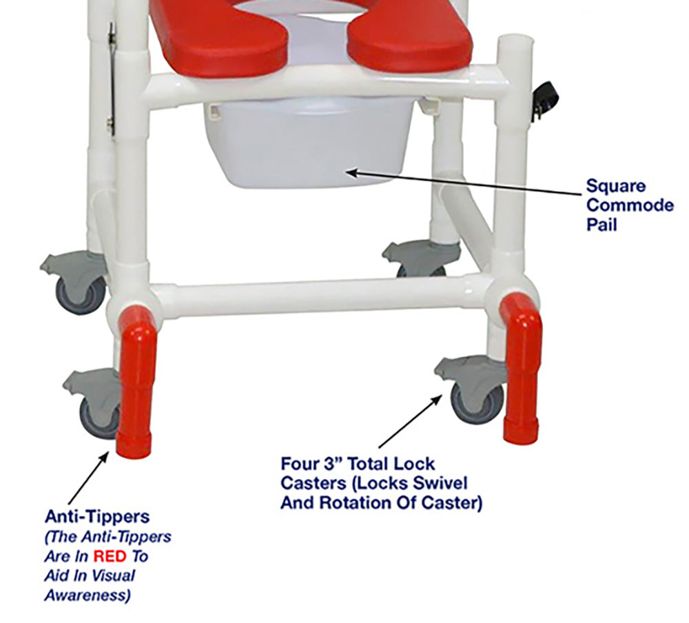 MJM International 118-3TL-SSDE-CBP-RD-DDA-10-QT-C-AT Shower Chair With Total Lock Casters, Soft Seat Deluxe Elongated, Cushion Back, Dual Swing Away Armrests, Square Pail and Anti-Tippers