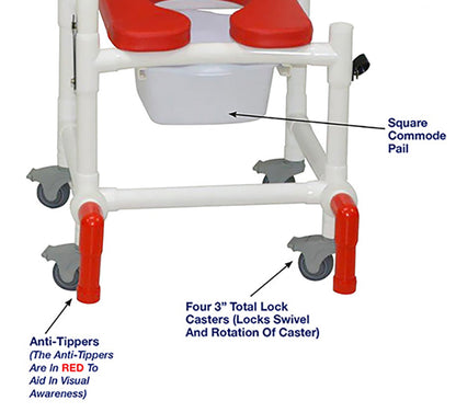 MJM International 118-3TL-SSDE-CBP-RD-DDA-10-QT-C-AT Shower Chair With Total Lock Casters, Soft Seat Deluxe Elongated, Cushion Back, Dual Swing Away Armrests, Square Pail and Anti-Tippers