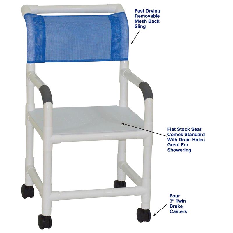 MJM International 118-3TW-F Shower Chair 3″Twin Casters, Flatstock Seat with Drain Holes 300 Lbs Weight Capacity
