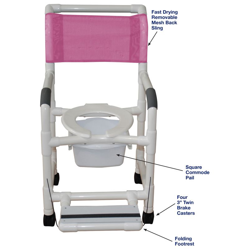 MJM International 118-3TW-FF-SQ-PAIL Shower Chair Folding Footrest And 10 qt Slide Out Commode Pail 300 lbs Weight Capacity