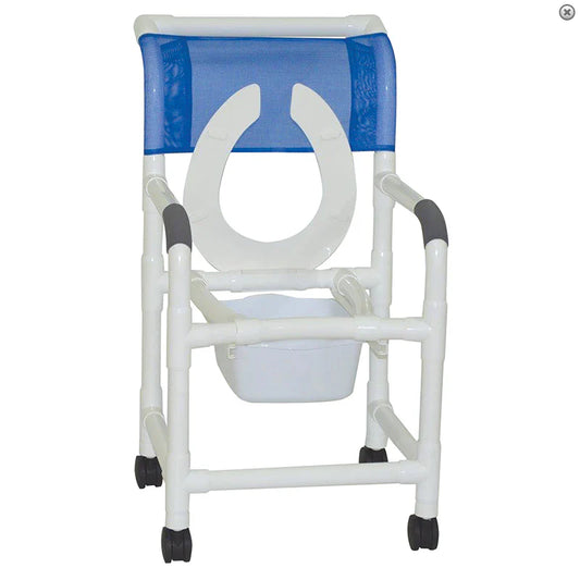 MJM International 118-3TW-FLS-SQ-PAIL Shower Chair 18" Internal Width 3" Twin Casters, Front Flip Up Seat, 10 Quart Commode Pail, 300 Lbs Weight Capacity