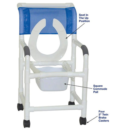MJM International 118-3TW-FLS-SQ-PAIL Shower Chair 18" Internal Width 3" Twin Casters, Front Flip Up Seat, 10 Quart Commode Pail, 300 Lbs Weight Capacity