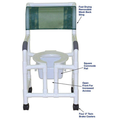 MJM International 118-3TW-OF-SQ-PAIL Shower Chair with Open Front and Slide Out 10 Qt Slide Out Commode Pail, 300 lbs Weight Capacity