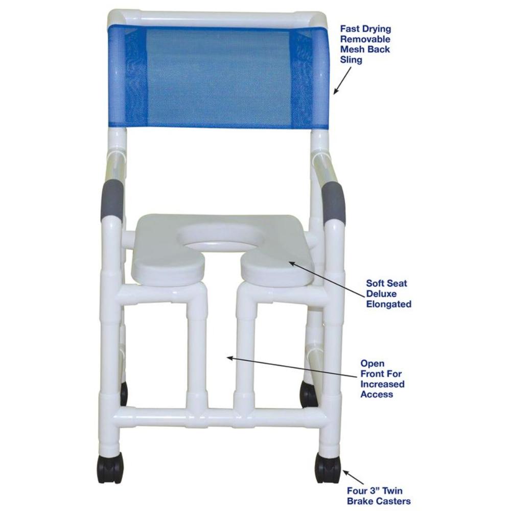 MJM International 118-3TW-OF-SSDE Shower Chair 18" Internal Width, 3" Twin Casters with Open Front and Soft Seat, 300 lbs Weight Capacity