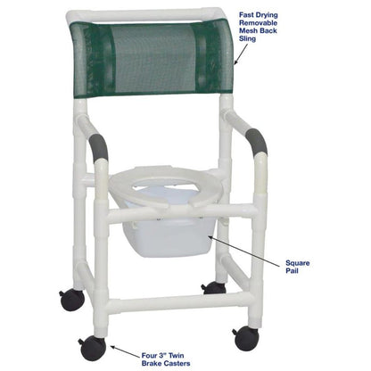 MJM International 118-3TW-SQ-PAIL Shower Chair Open Front Seat, 3" Twin Casters, 10 Quart Commode Pail, 300 lbs Weight Capacity
