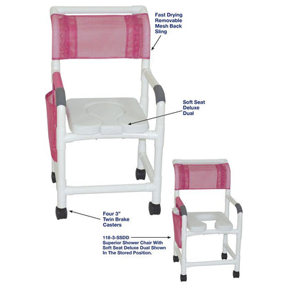 MJM International 118-3TW-SSDD Shower Chair 18" Internal Width, Soft Seat Deluxe Dual Usage With Removable Center Section, 300 lbs Weight Capacity